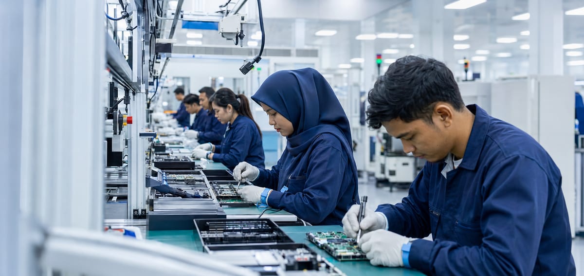 Gambaran suasana kerja di kilang elektronik moden — operator lelaki dan wanita di barisan pengeluaran.
