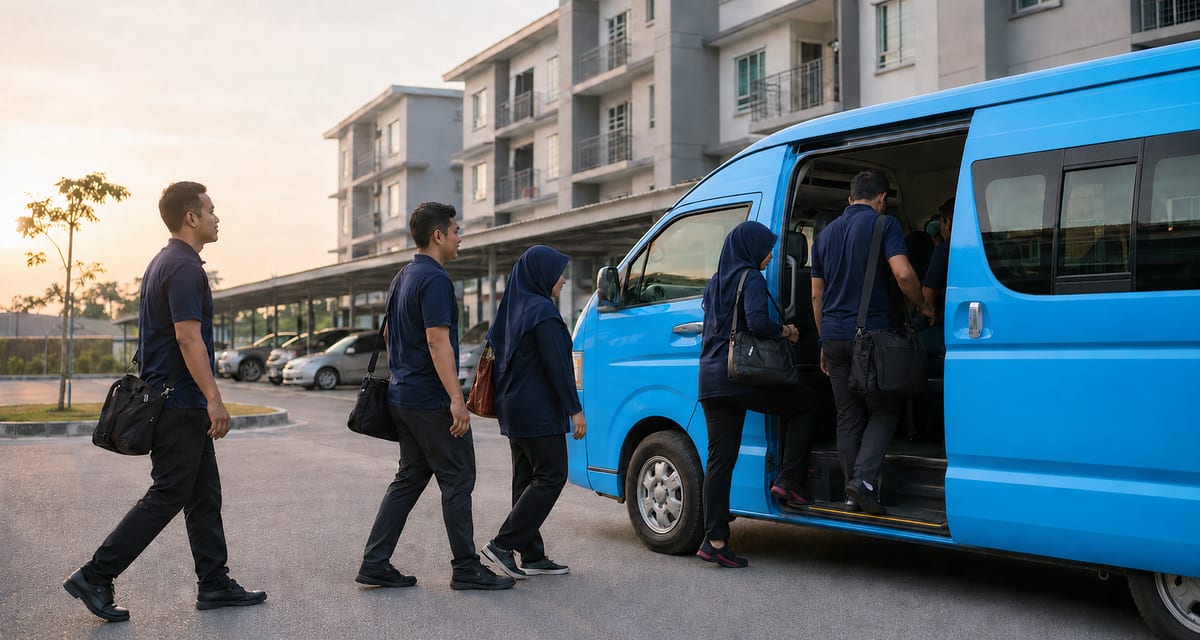 Gambaran pekerja menaiki van pengangkutan pada waktu pagi.